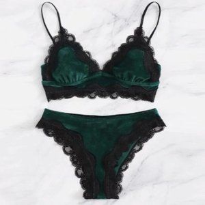 Green Velvet Lace Bra Underwear Set